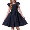 Arshiner Girls Dresses Double Pleated Sleeve Square Neck Off Shoulder with Pockets Tween Sundress Size 5-16(Navy Blue)