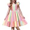 Arshiner Girls Dresses Double Pleated Sleeve Square Neck Off Shoulder with Pockets Tween Sundress Size 5-16(Rainbow)