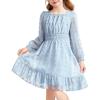 Arshiner Girls Dresses Long Sleeve Square Neck Swiss Dot Flowy Casual Party Dress(Light Blue)
