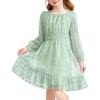 Arshiner Girls Dresses Long Sleeve Square Neck Swiss Dot Flowy Casual Party Dress(Light Green)