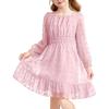 Arshiner Girls Dresses Long Sleeve Square Neck Swiss Dot Flowy Casual Party Dress(Pink)
