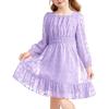 Arshiner Girls Dresses Long Sleeve Square Neck Swiss Dot Flowy Casual Party Dress(Purple)