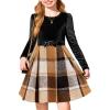 Arshiner Girls Dresses Long Sleeve Velvet Plaid Patchwork Holiday Party Dress with Pockets(Black / Brown Plaid)
