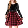 Arshiner Girls Dresses Long Sleeve Velvet Plaid Patchwork Holiday Party Dress with Pockets(Black / Red Plaid)