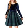 Arshiner Girls Dresses Long Sleeve Velvet Plaid Patchwork Holiday Party Dress with Pockets(Navy Blue Plaid)