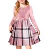 Arshiner Girls Dresses Long Sleeve Velvet Plaid Patchwork Holiday Party Dress with Pockets(Pink Plaid)
