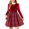 Arshiner Girls Dresses Long Sleeve Velvet Plaid Patchwork Holiday Party Dress with Pockets(Red Plaid)