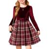 Arshiner Girls Dresses Long Sleeve Velvet Plaid Patchwork Holiday Party Dress with Pockets(Red Wine Plaid)