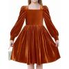 Arshiner Girls Dresses Velvet Square Neck Puff Long Sleeve Fall Winter Holiday Dress with Pockets(Burnt Orange)
