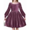 Arshiner Girls Dresses Velvet Square Neck Puff Long Sleeve Fall Winter Holiday Dress with Pockets(Fuchsia)