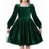 Arshiner Girls Dresses Velvet Square Neck Puff Long Sleeve Fall Winter Holiday Dress with Pockets(Green)