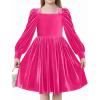 Arshiner Girls Dresses Velvet Square Neck Puff Long Sleeve Fall Winter Holiday Dress with Pockets(Hot Pink)