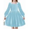 Arshiner Girls Dresses Velvet Square Neck Puff Long Sleeve Fall Winter Holiday Dress with Pockets(Light Blue)
