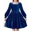 Arshiner Girls Dresses Velvet Square Neck Puff Long Sleeve Fall Winter Holiday Dress with Pockets(Navy Blue)