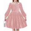 Arshiner Girls Dresses Velvet Square Neck Puff Long Sleeve Fall Winter Holiday Dress with Pockets(Pink)
