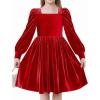 Arshiner Girls Dresses Velvet Square Neck Puff Long Sleeve Fall Winter Holiday Dress with Pockets(Red)