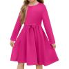 Arshiner Girls Long Sleeve Dress A line Twirly Skater Casual Bow Tie Dress(Rose Red)
