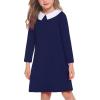 Arshiner Girls Long Sleeve Vintage Peter Pan Collar T-Shirt Dress Age 4-13 Years(Navy Blue)