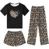 Arshiner Girls Pajama Set 3 Piece Short Sleeve Sleepwear Summer Soft Cute Pjs Outfits(Leopard Heart)