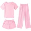 Arshiner Girls Pajama Set 3 Piece Short Sleeve Sleepwear Summer Soft Cute Pjs Outfits(Pink)