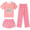 Arshiner Girls Pajama Set 3 Piece Short Sleeve Sleepwear Summer Soft Cute Pjs Outfits(Potted Cat Plaid)