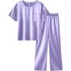 Arshiner Girls’ Pajama Sets Satin Pajamas Soft Silk Pjs Short Sleeve Lounge Set Sleepwear(Light Purple)