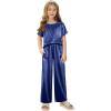 Arshiner Girls’ Pajama Sets Satin Pajamas Soft Silk Pjs Short Sleeve Lounge Set Sleepwear(Navy)