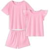 Arshiner Girls Pajamas Set Short Sleeve Pjs Sleepwear 3PCS Summer Lounge Sets Nightwear(Pink)