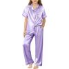 Arshiner Girls Pajamas Silk Satin Button Down Pjs 2 Piece Short Sleeve Sleepwear Set(Light Purple)