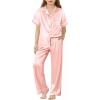 Arshiner Girls Pajamas Silk Satin Button Down Pjs 2 Piece Short Sleeve Sleepwear Set(Lotus Root Pink)