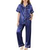 Arshiner Girls Pajamas Silk Satin Button Down Pjs 2 Piece Short Sleeve Sleepwear Set(Navy)
