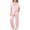 Arshiner Girls Pajamas Silk Satin Button Down Pjs 2 Piece Short Sleeve Sleepwear Set(Pink Stripe)