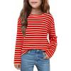 Arshiner Girls Striped Long Sleeve Shirts Drop Shoulder Casual Fashionable Crewneck Blouse Tee Tops(Red Stripe)