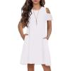 Arshiner Girls Summer Dress Short Sleeve Cold Shoulder Solid Color Swing Casual Dresses with Pockets(A White)