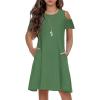 Arshiner Girls Summer Dress Short Sleeve Cold Shoulder Solid Color Swing Casual Dresses with Pockets(Army Green)
