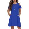 Arshiner Girls Summer Dress Short Sleeve Cold Shoulder Solid Color Swing Casual Dresses with Pockets(Blue)