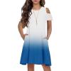 Arshiner Girls Summer Dress Short Sleeve Cold Shoulder Solid Color Swing Casual Dresses with Pockets(Blue Gradient)