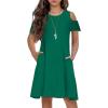 Arshiner Girls Summer Dress Short Sleeve Cold Shoulder Solid Color Swing Casual Dresses with Pockets(Dark Green)
