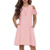 Arshiner Girls Summer Dress Short Sleeve Cold Shoulder Solid Color Swing Casual Dresses with Pockets(Light Pink)
