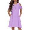 Arshiner Girls Summer Dress Short Sleeve Cold Shoulder Solid Color Swing Casual Dresses with Pockets(Lilac)