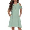 Arshiner Girls Summer Dress Short Sleeve Cold Shoulder Solid Color Swing Casual Dresses with Pockets(Mint Green)