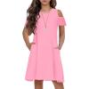 Arshiner Girls Summer Dress Short Sleeve Cold Shoulder Solid Color Swing Casual Dresses with Pockets(Pink)