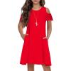 Arshiner Girls Summer Dress Short Sleeve Cold Shoulder Solid Color Swing Casual Dresses with Pockets(Red)