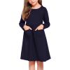 Arshiner Little Girls Dress Long Sleeve Solid Color Casual Skater Pocket Dress(Navy Blue)