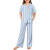 Arshiner Pajamas for Girls Short Sleeve Long Pants Outfit 2 Piece Sleepwear Button Pjs Sets(Blue Stripes)