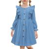 Arshiner Toddler Fall Winter Sweater Dress Ruffle Long Sleeve Ribbed Knit Button Down Casual Dresses with Pockets(Light Blue)