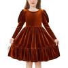 Arshiner Toddler Velvet Dress Girls Puff Long Sleeves Crew Neck Party Fall Winter Ruffle Dresses with Pockets 2-8Y(Caramel)