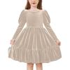 Arshiner Toddler Velvet Dress Girls Puff Long Sleeves Crew Neck Party Fall Winter Ruffle Dresses with Pockets 2-8Y(Champagne)