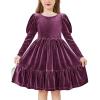 Arshiner Toddler Velvet Dress Girls Puff Long Sleeves Crew Neck Party Fall Winter Ruffle Dresses with Pockets 2-8Y(Fuchsia)