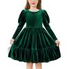 Arshiner Toddler Velvet Dress Girls Puff Long Sleeves Crew Neck Party Fall Winter Ruffle Dresses with Pockets 2-8Y(Green)